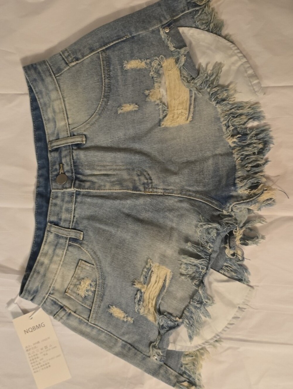 Light Blue Distressed Denim Fringe Hem Jean Shorts